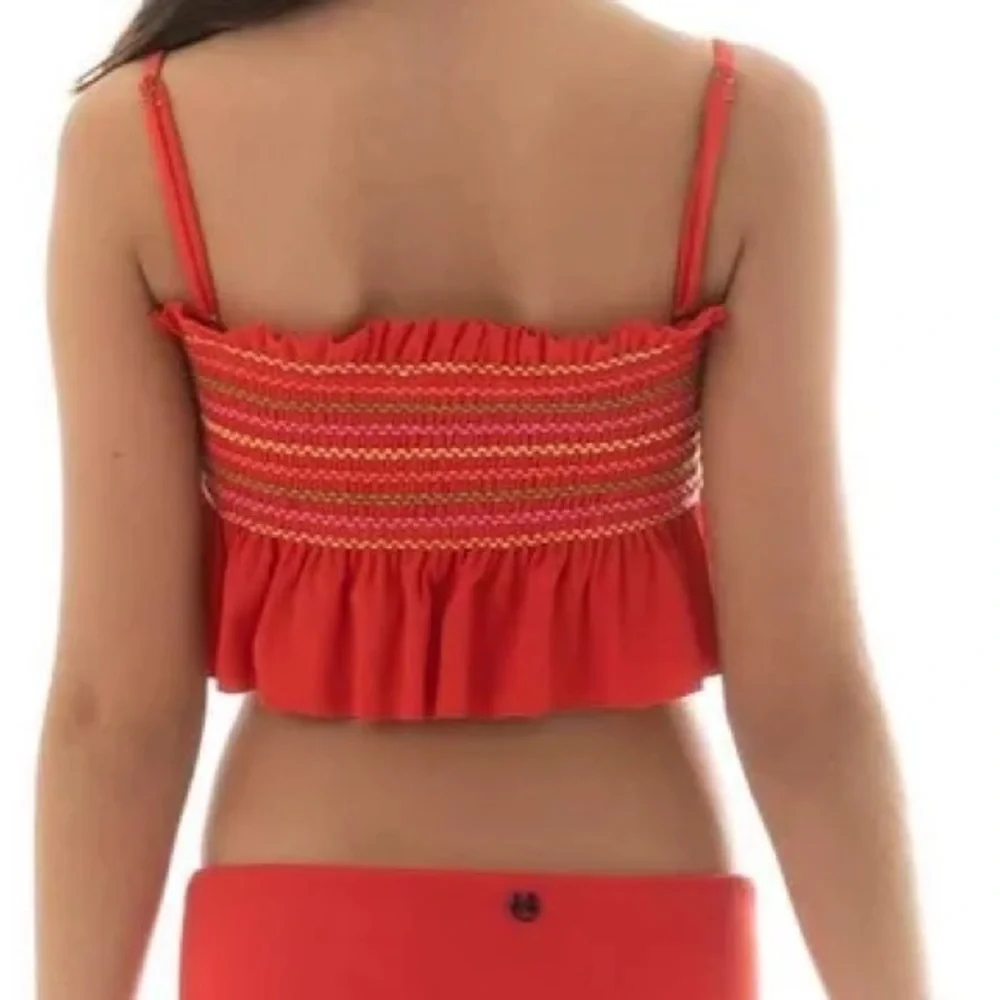 Maaij Camelia Fiesta Red Ruffled Smocked Crop Bikini Top Size 12 Swim Beach